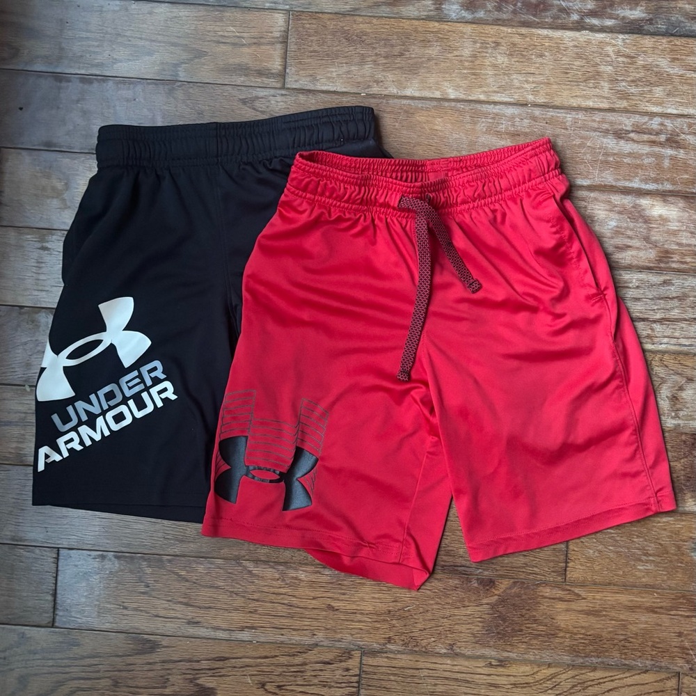 2 Pair Under Armour Boy’s Athletic Shorts - Red & Black